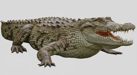 Obraz premium Realistic 3D Render of a Crocodile with Open Mouth on a Plain Background