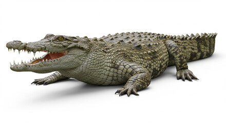 Naklejka premium Realistic depiction of a crocodile lying down with its mouth open, isolated on white