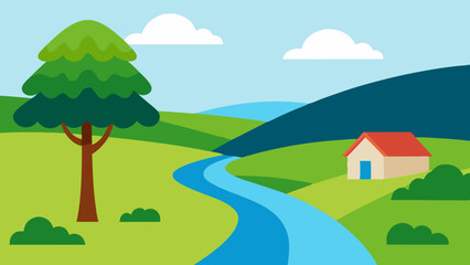 Fototapeta premium Scenic illustration of a cartoon landscape with house river trees and clouds