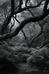 Misty morning in tranquil woods with rain dripping from branches