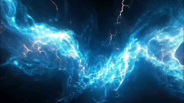 Abstract visualization of electricity energy with glowing blue lightning bolts in darkness. 