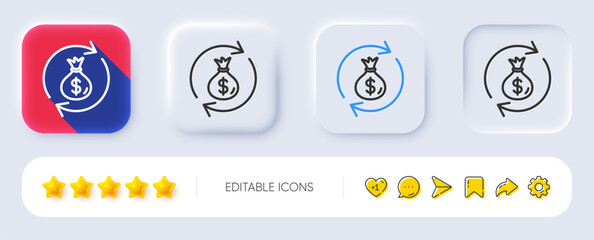Cash exchange line icon. Neumorphic, Flat shadow, 3d buttons. Dollar money bag symbol. Money transfer sign. Line money exchange icon. Social media icons. Vector