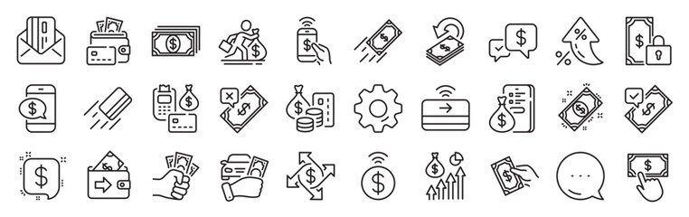 Payment wallet line icons. Settings gear, Message, Inflation icons. Set of Accept money transfer, Pay with Phone and Credit card by mail icons. Vector