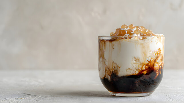 Freshly served taho with silken tofu, arnibal syrup, and sago pearls in a glass cup on a light neutral background