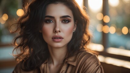 Fototapeta premium This stunning portrait captures a beautiful woman with a radiant, natural glow and mesmerizing eyes.