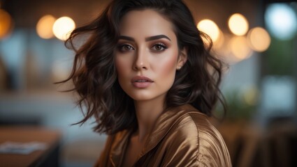 Fototapeta premium Gorgeous woman with dark curly hair looking at the camera with a soft gaze in an indoor setting.