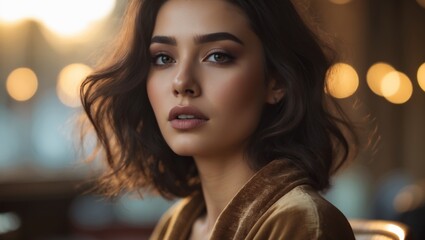 Naklejka premium A stunning brunette woman with captivating eyes and perfect makeup.