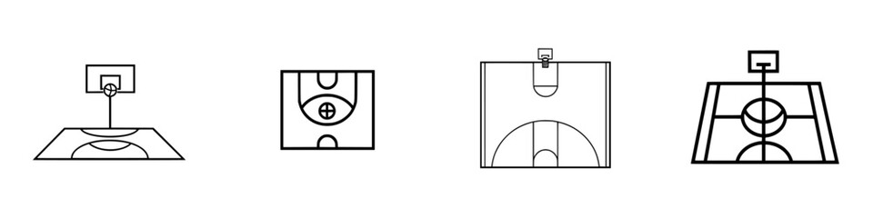 Basketball court icons illustrating various court layouts and perspectives for design and educational purposes