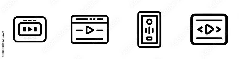 Poster icon set featuring play buttons, video player interfaces, and coding elements for digital media appl
