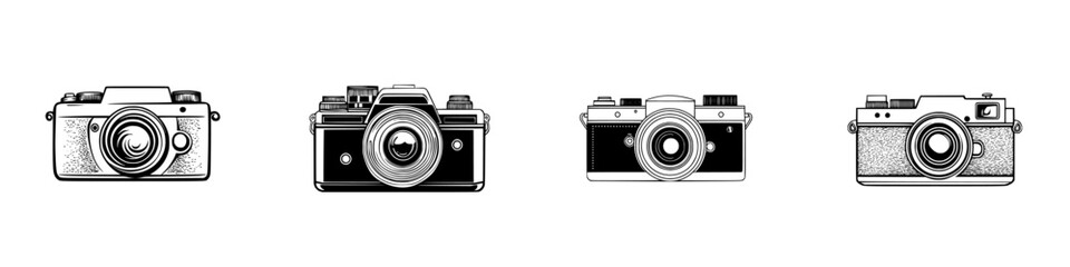 Icon set featuring vintage camera designs with various styles and features for artistic and graphic applications