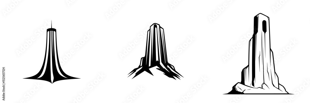 Poster unique icon set showcasing three distinct tower designs with varying styles and forms suitable for m