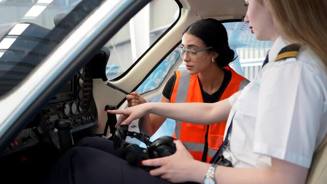 Female flight instructor explaining aircraft controls to a trainee pilot inside the cockpit of a small plane
