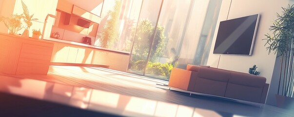 Sunlit modern living space with open kitchen, large windows overlooking greenery, and a low brown couch facing a wall-mounted TV