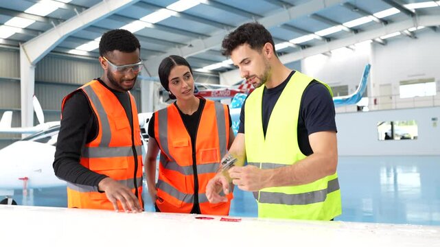 Team of engineers in a hangar discussing aircraft maintenance. Collaborative teamwork and technical assessment focused on aviation safety
