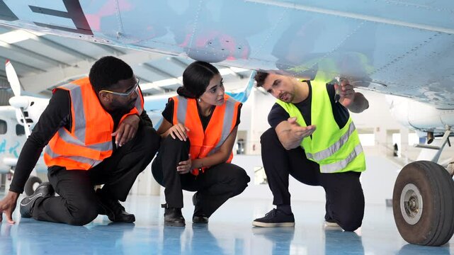 Three aviation experts inspect a plane in a hangar, discussing maintenance tasks and ensuring airworthiness