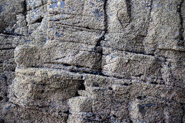 Iconic natural rock formations of Playa de las Catedrales beach in Ribadeo, Lugo, Galicia, Spain, captured during low tide. A breathtaking seascape with caves and arches.