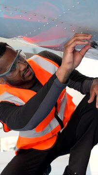 Maintenance engineer installing pitot tube on airplane wing, ensuring accurate airspeed readings for safe flight