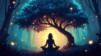 Meditating woman silhouette under tree. Inner peace, zen, mindfulness, wellness. Yoga, spiritual practice, nature connection. Promote relaxation apps, health & wellness, retreats.