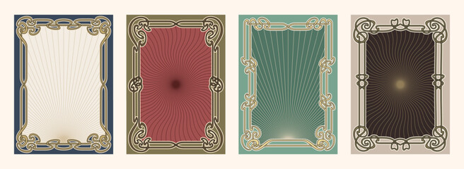 Collection of vintage Art Nouveau frames with radiant sunburst backgrounds, decorative floral borders, and retro color tones. Perfect for labels, cards, or prints