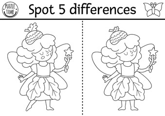 Black and white find differences game for children. Fairyland educational activity with acorn fairy. Magic forest line puzzle for kids. Fairytale printable worksheet, coloring page with fantasy girl