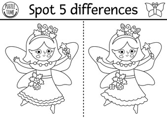 Black and white find differences game for children. Fairyland educational activity with berry fairy. Magic forest puzzle for kids. Fairytale line printable worksheet, coloring page with fantasy girl