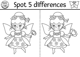 Black and white find differences game. Fairyland educational activity with flower fairy. Magic forest puzzle for kids. Fairytale line printable worksheet, coloring page with fantasy girl