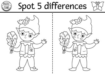 Black and white find differences game for children. Fairyland educational activity with elf. Magic forest puzzle for kid. Fairytale line printable worksheet, coloring page with dwarf, leprechaun boy