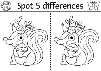 Black and white find differences game. Fairyland educational activity with squirrel with acorn. Magic forest line puzzle for kid. Fairytale printable worksheet, coloring page with woodland animal