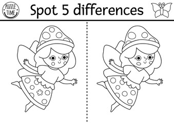 Black and white find differences game. Fairyland educational activity with flower fairy. Magic forest puzzle for kids. Fairytale line printable worksheet, coloring page with fantasy girl
