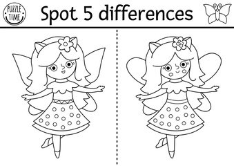 Black and white find differences game. Fairyland educational activity with flower fairy. Magic forest puzzle for kids. Fairytale line printable worksheet, coloring page with fantasy girl