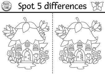 Black and white find differences game. Fairyland educational activity with flower fairy house. Magic forest puzzle for kid. Fairytale line printable worksheet, coloring page with fantasy home