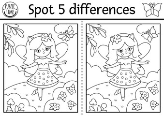 Fototapeta premium Black and white find differences game. Fairyland educational activity with fairy on meadow. Magic forest puzzle for kids. Fairytale line printable worksheet, coloring page with fantasy girl