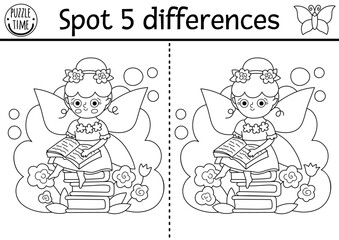 Black and white find differences game. Fairyland educational activity with flower fairy reading sitting on a book pile. Magic forest puzzle for kids. Fairytale printable worksheet, coloring page