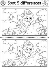 Black and white find differences game. Fairyland educational activity with landscape with mushroom fairy on meadow. Magic forest puzzle for kids. Fairytale printable worksheet, coloring page