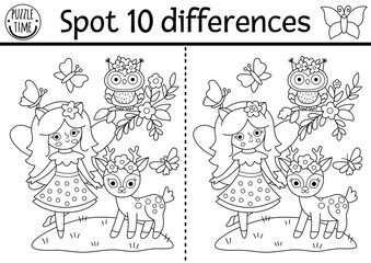 Black and white find differences game. Fairyland educational activity with fairy and deer. Magic forest puzzle for kids. Fairytale printable worksheet, coloring page with fantasy girl