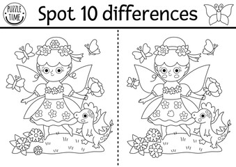 Black and white find differences game. Fairyland educational activity with flower fairy, dragon. Magic forest puzzle for kids. Fairytale line printable worksheet, coloring page with fantasy girl