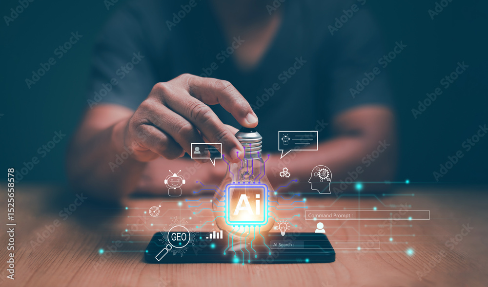 Poster artificial intelligence concept. innovative ai technology for business, businessman holding lightbul