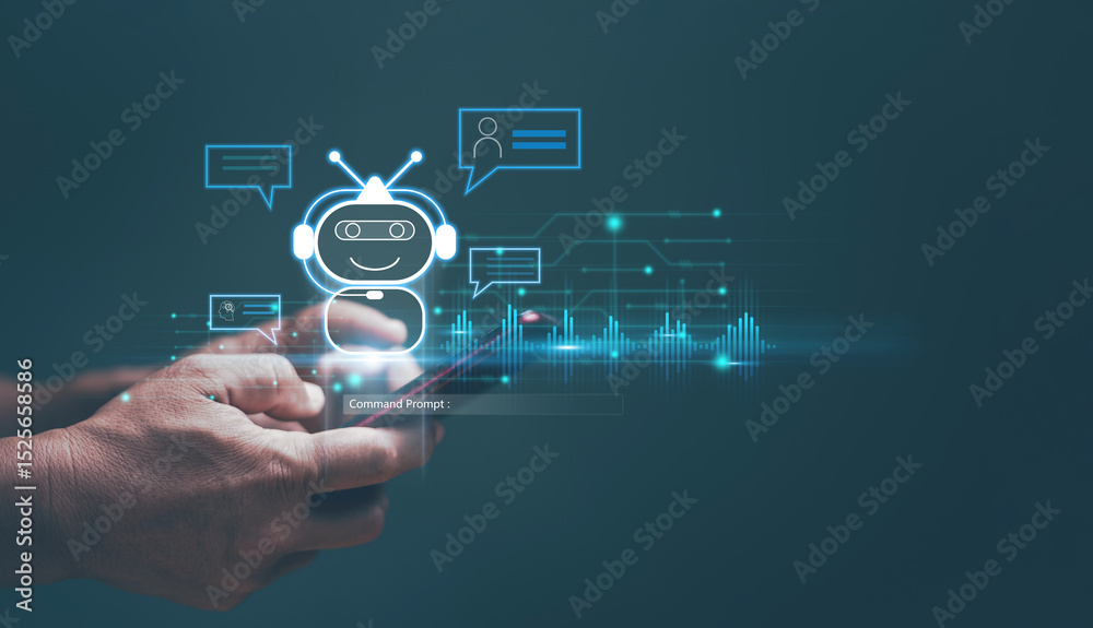 Poster Futuristic technology, Chat with AI or Artificial Intelligence technology, Businessman using smartphone chatting online with ai chatbot. Online automation chatbot. Conversation assistant.
