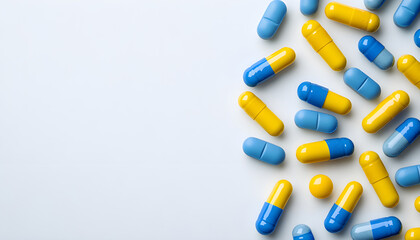 Yellow oval pills and blue capsules on white backdrop with room for text