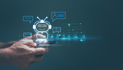 Futuristic technology, Chat with AI or Artificial Intelligence technology, Businessman using smartphone chatting online with ai chatbot. Online automation chatbot. Conversation assistant.