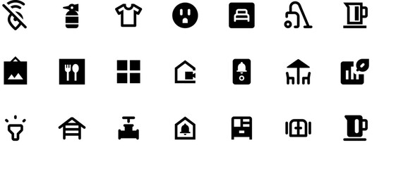 Minimalist black home decor vector icons on white background, simple geometric shapes, SVG format for design projects