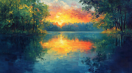 Colorful Sunset Lake Landscape in Impressionist Painting Style (Generative AI)