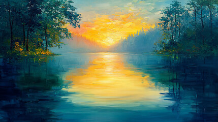 Colorful Sunset Lake Landscape in Impressionist Painting Style (Generative AI)