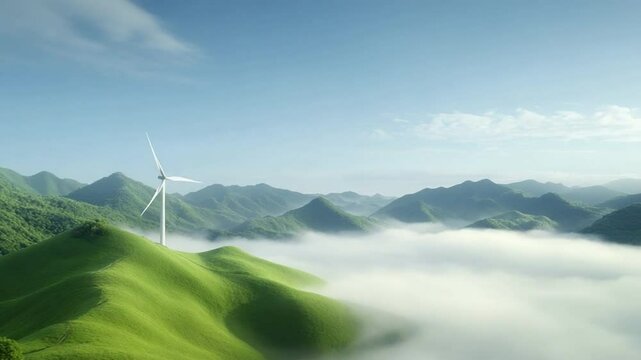 Wind Turbine in Mountain Landscape: A serene shot of a wind turbine atop a lush green hill amidst majestic mountains, a visual ode to clean energy and sustainable living.
