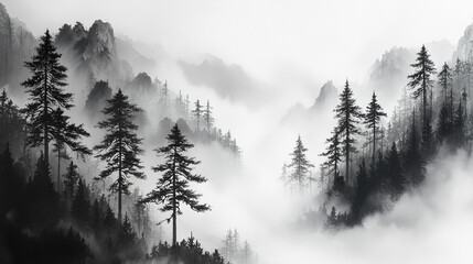 Misty Mountains and Pine Trees in Traditional Ink Wash Painting (Generative AI)