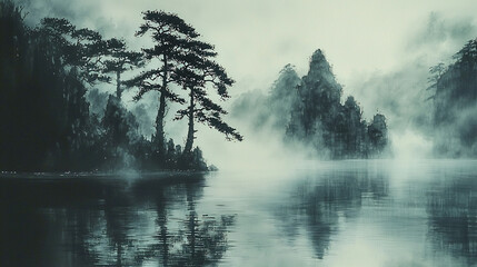 Misty Mountains and Pine Trees in Traditional Ink Wash Painting (Generative AI)
