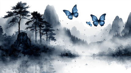 Blue Butterflies in Traditional Ink Wash Painting Style (Generative AI)