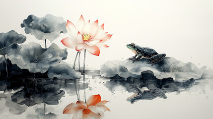 Lotus Flower and Frog in Traditional Ink Wash Painting (Generative AI)