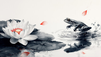 Lotus Flower and Frog in Traditional Ink Wash Painting (Generative AI)