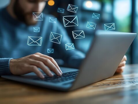 A marketer setting up an email marketing campaign on a laptop, Email Marketing, Focused and efficient